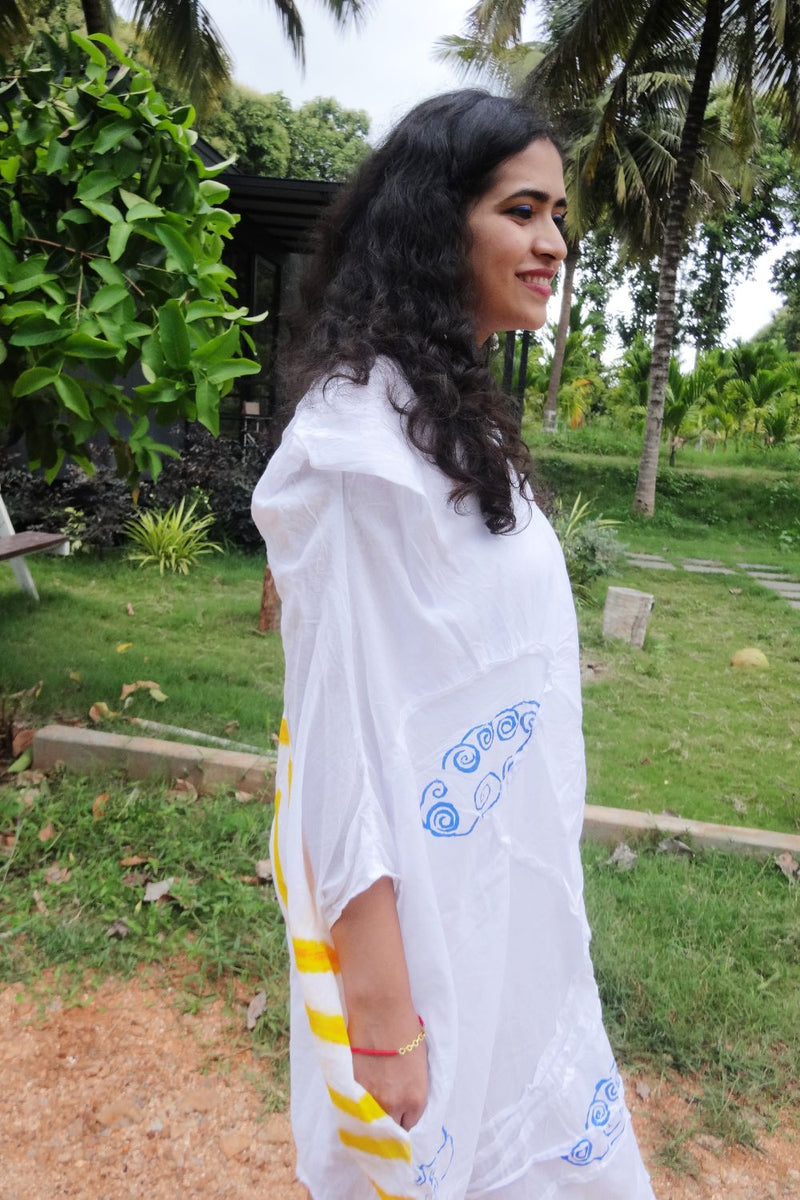 Asian In Me |Cotton Women's White Hand-Painted & Anti-Fit Dress | Zero-Waste Design |DC Sky Expanse Dress