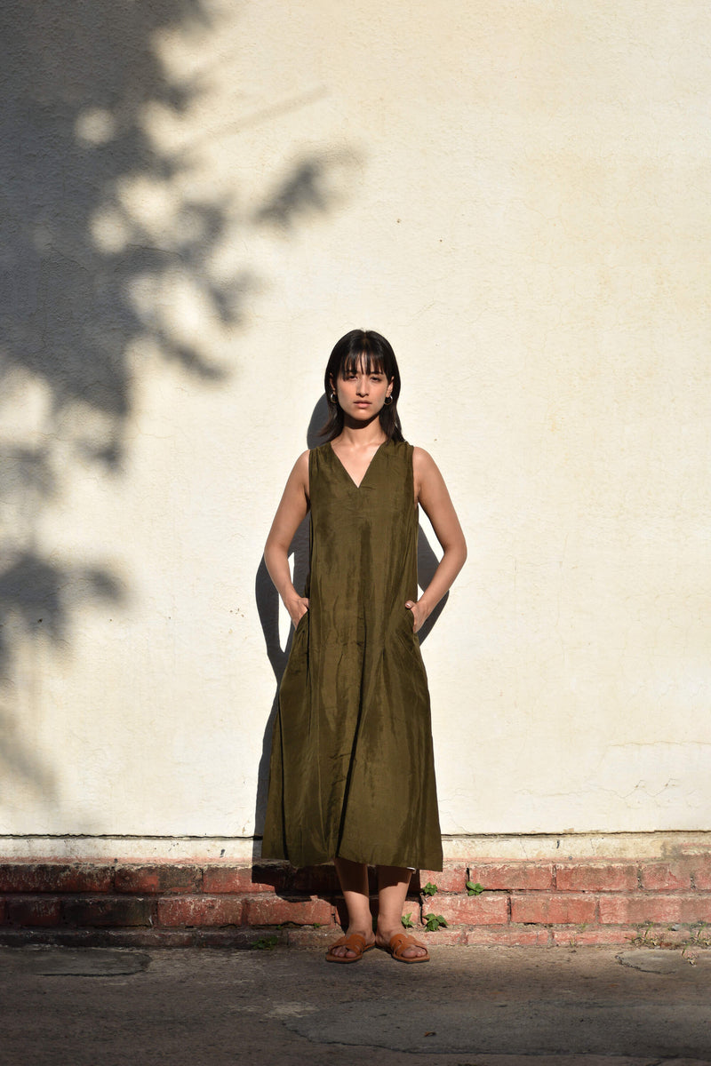 With N. Sleeveless Silk Dress- Olive