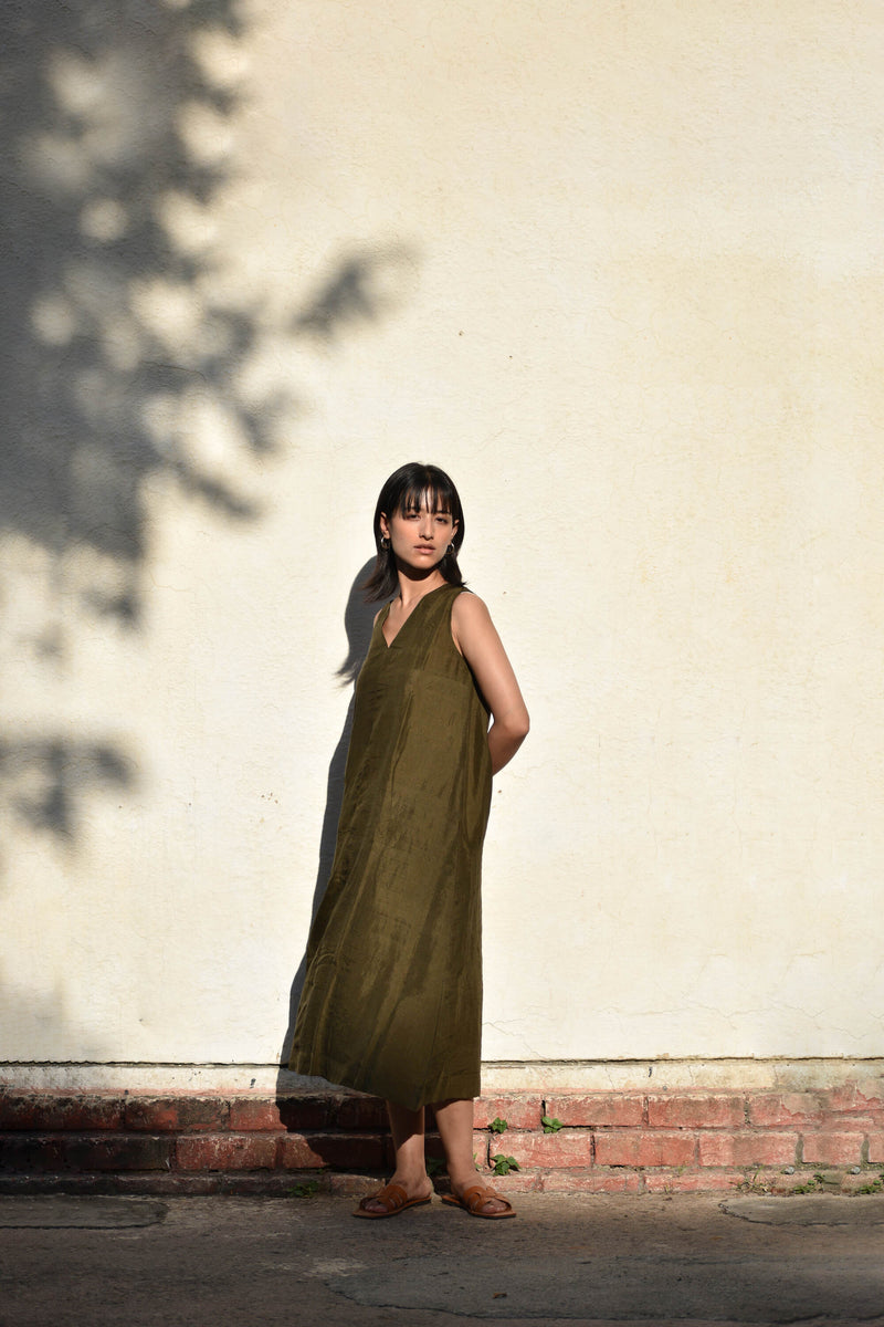 With N. Sleeveless Silk Dress- Olive