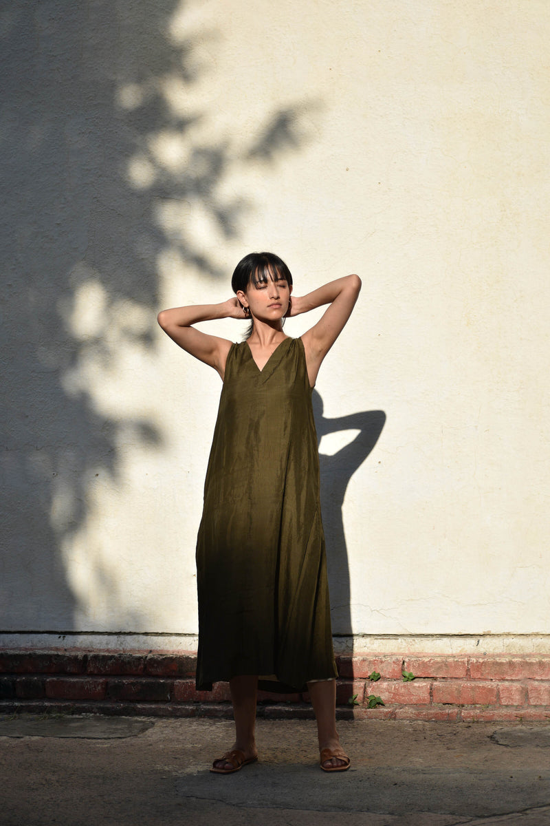 With N. Sleeveless Silk Dress- Olive