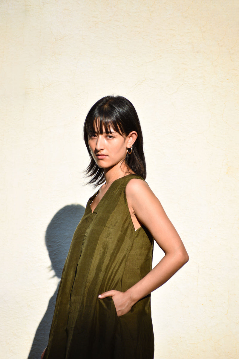 With N. Sleeveless Silk Dress- Olive