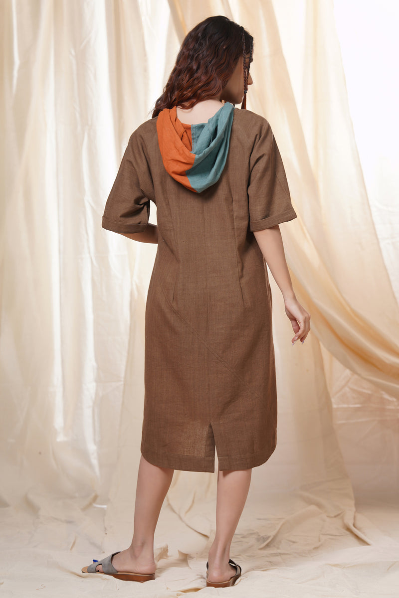 Thread Game Hand Woven - Beach Brown Mid Length Hoodie Dress