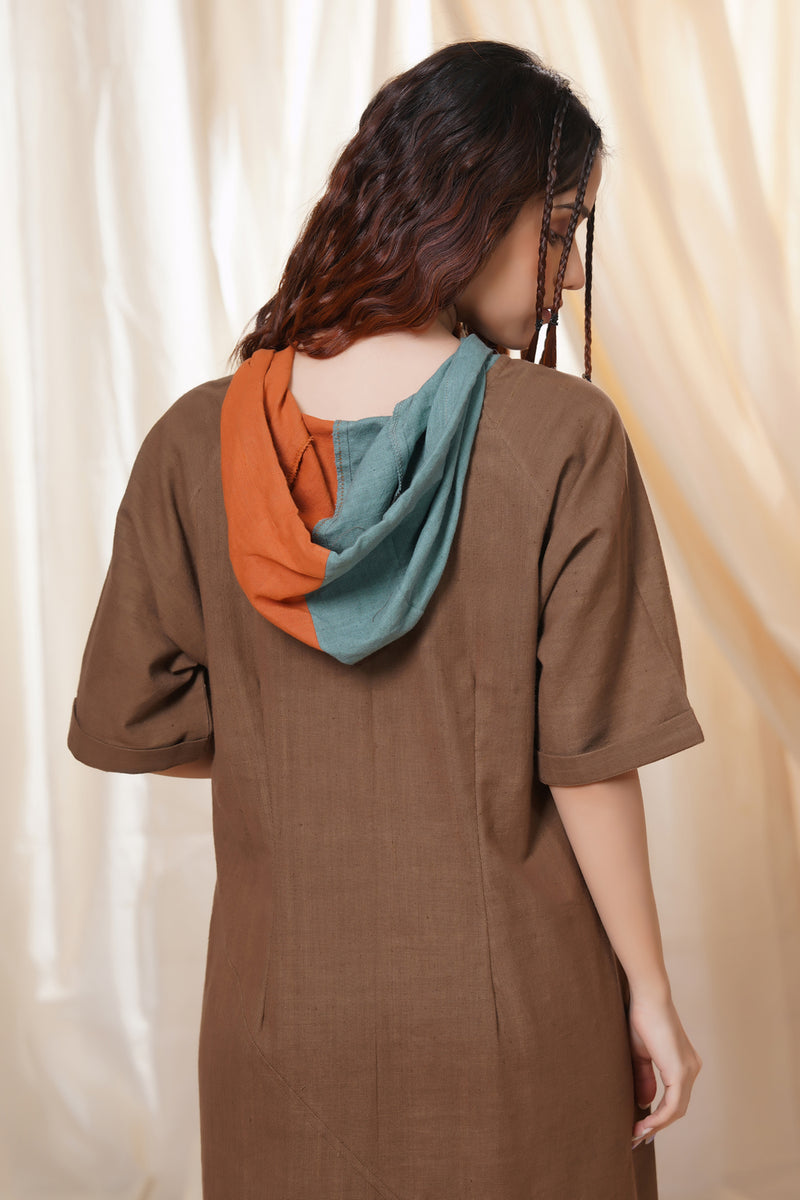 Thread Game Hand Woven - Beach Brown Mid Length Hoodie Dress