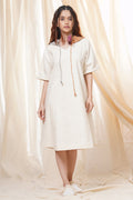 Thread Game Hand Woven - Natural Dyed Mid Length Off White Hoodie Dress