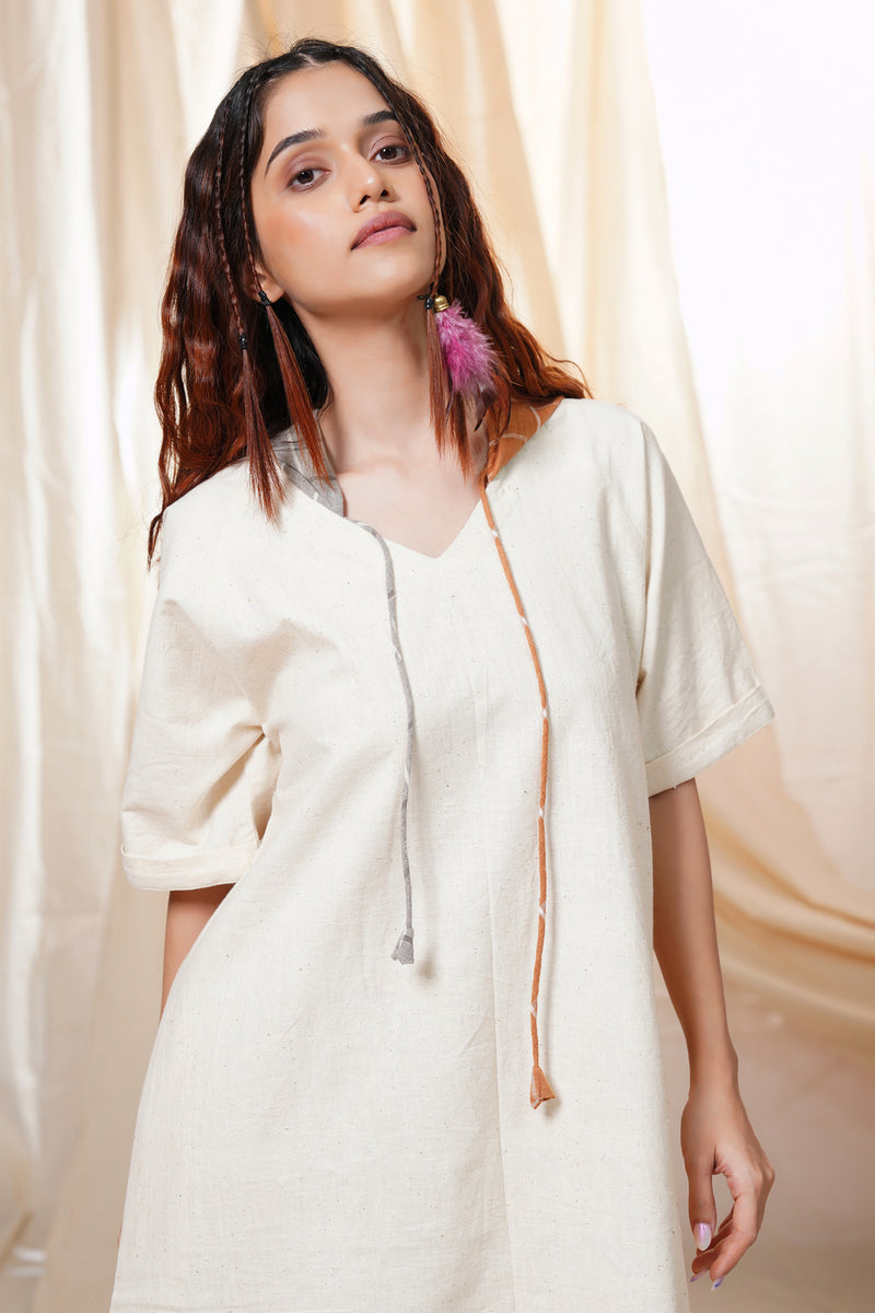 Thread Game Hand Woven - Natural Dyed Mid Length Off White Hoodie Dress