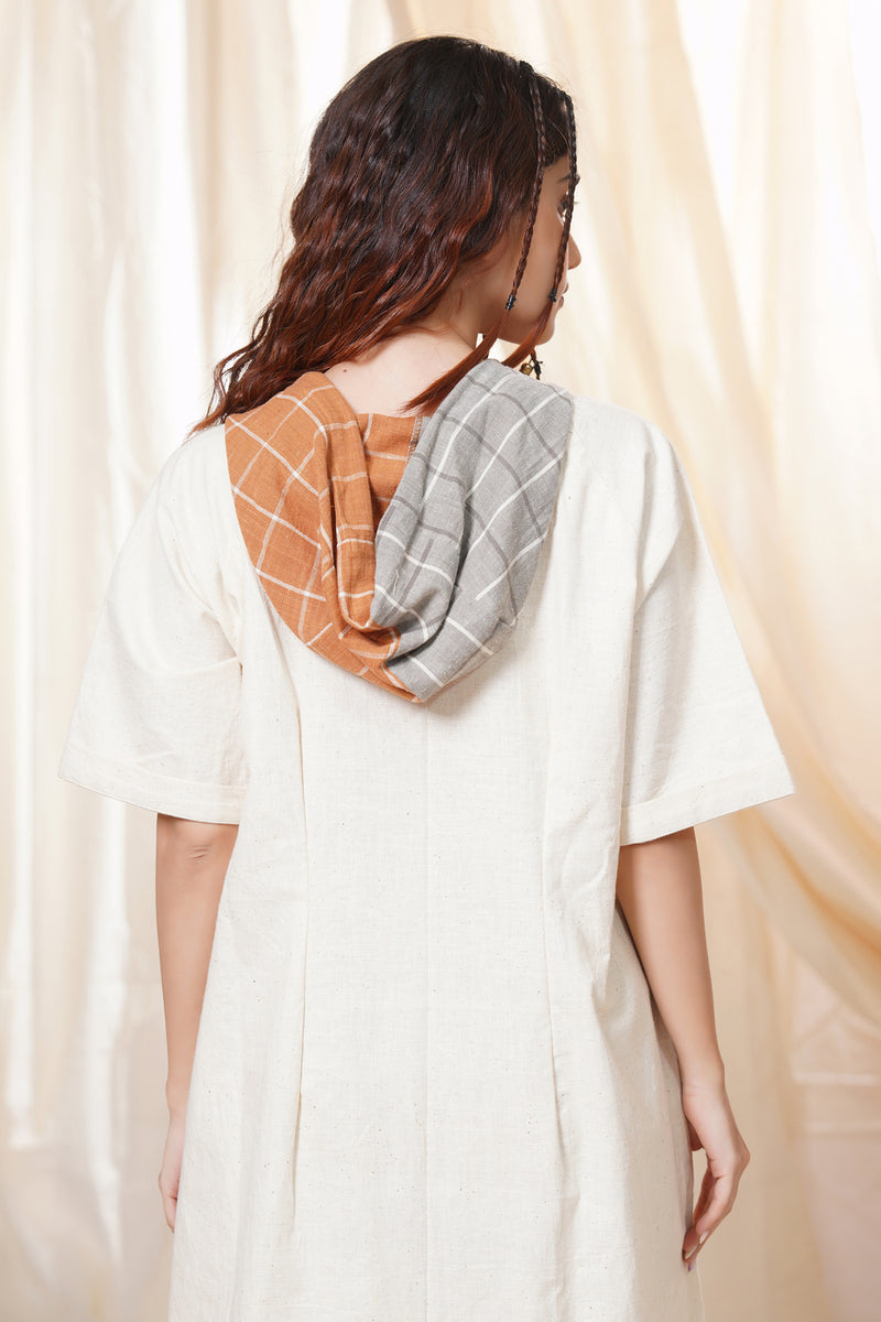 Thread Game Hand Woven - Natural Dyed Mid Length Off White Hoodie Dress