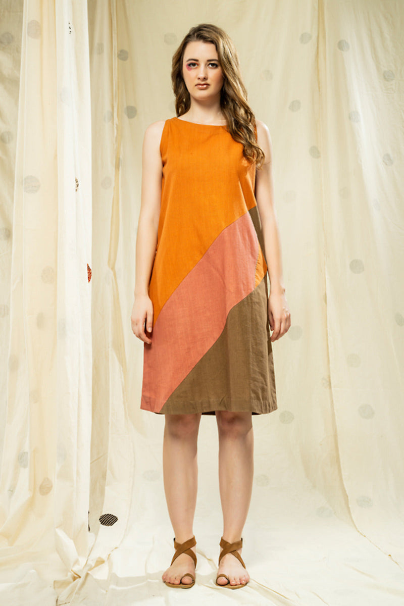 Thread Game Hand Woven - Organic Khadi Orange Knee Length Dress