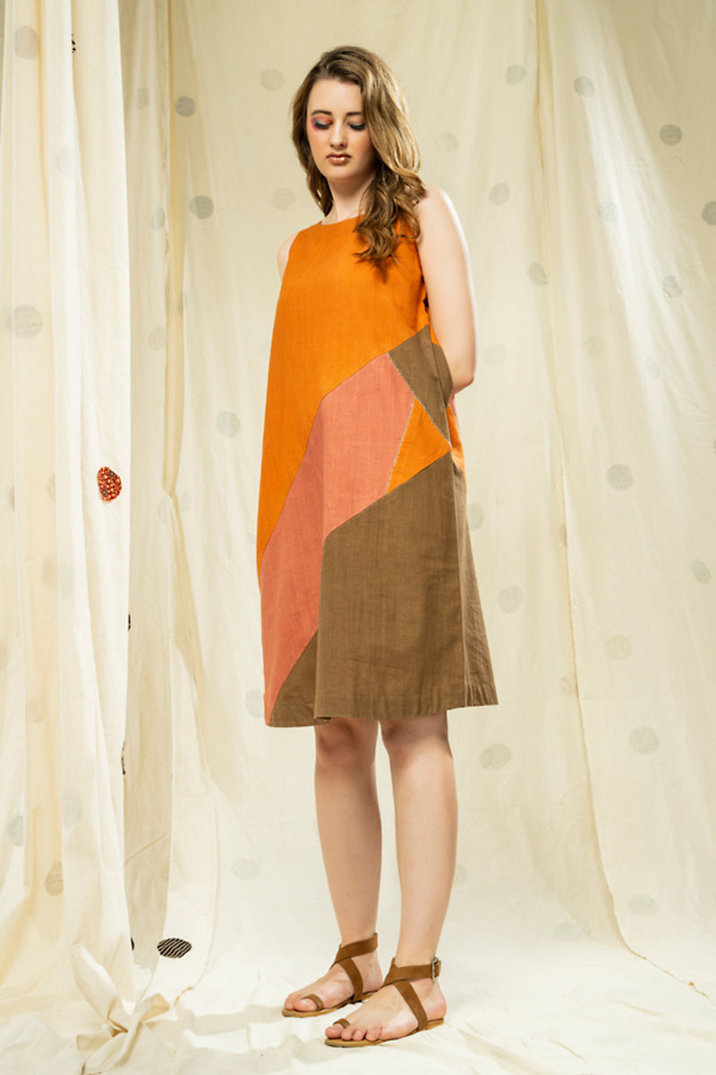 Thread Game Hand Woven - Organic Khadi Orange Knee Length Dress