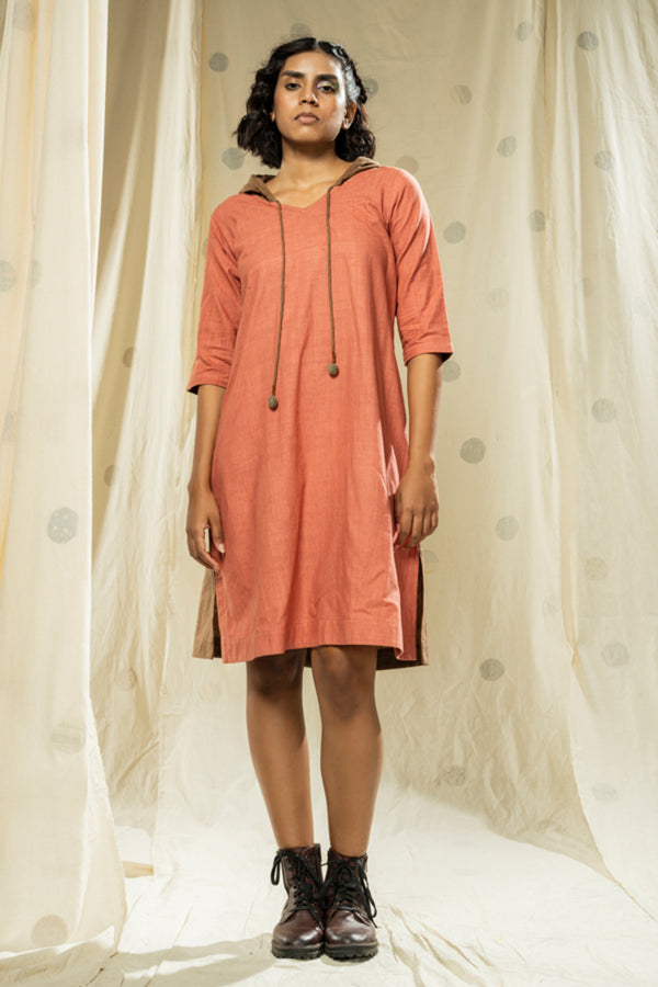 Thread Game Hand Woven Khadi Knee-Length Dusty Pink Hoodie Dress