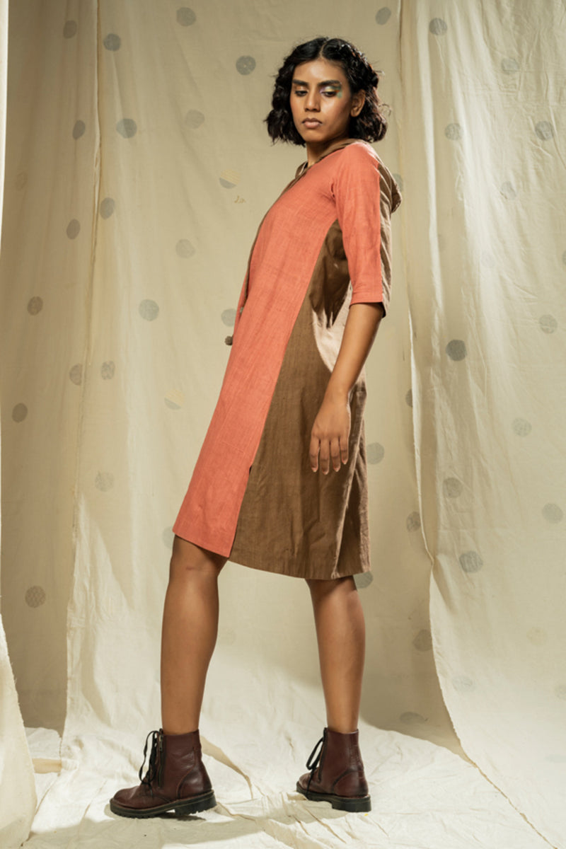 Thread Game Hand Woven Khadi Knee-Length Dusty Pink Hoodie Dress