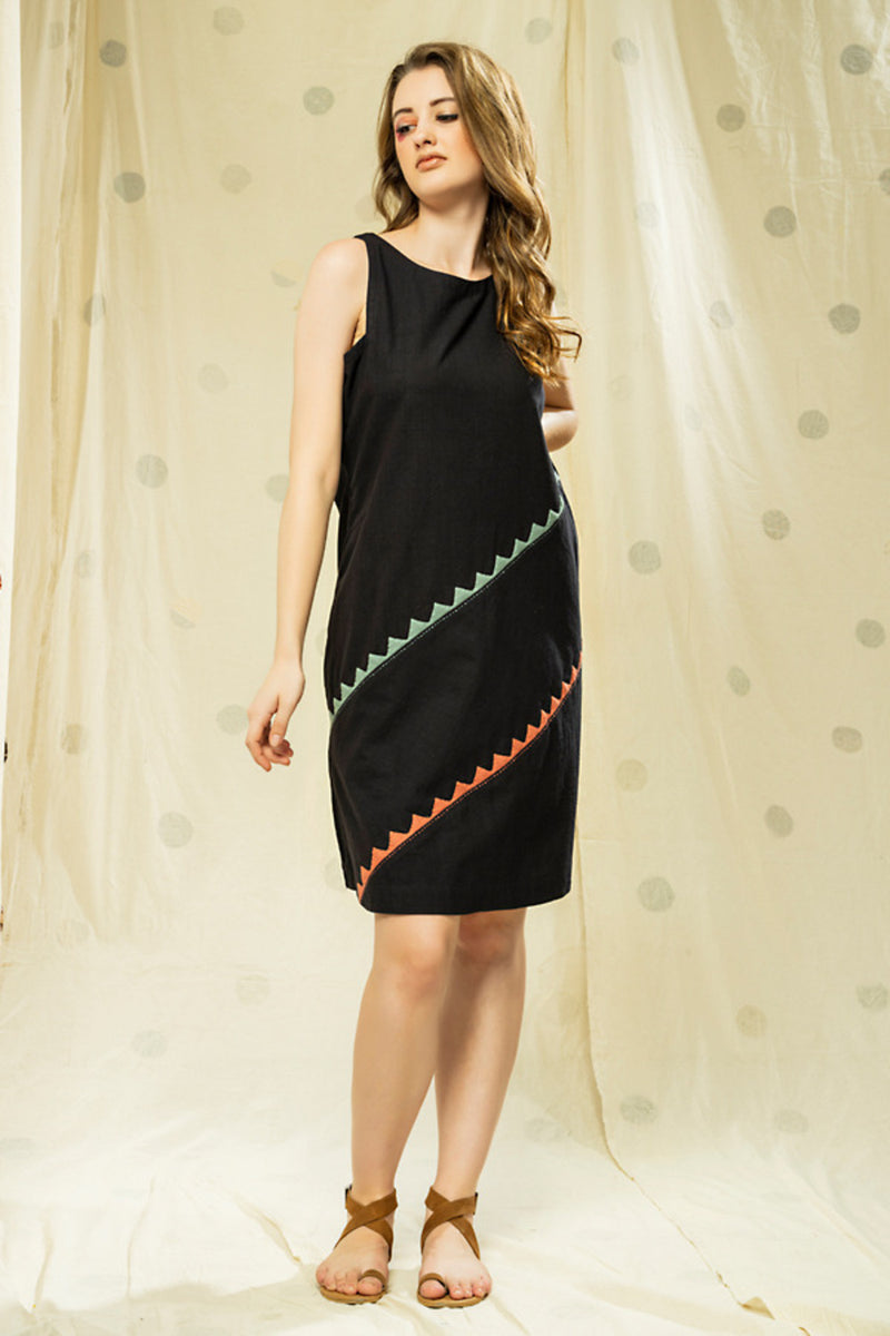 Thread Game Hand Woven - Organic Khadi Black Sleeveless Knee Length Dress