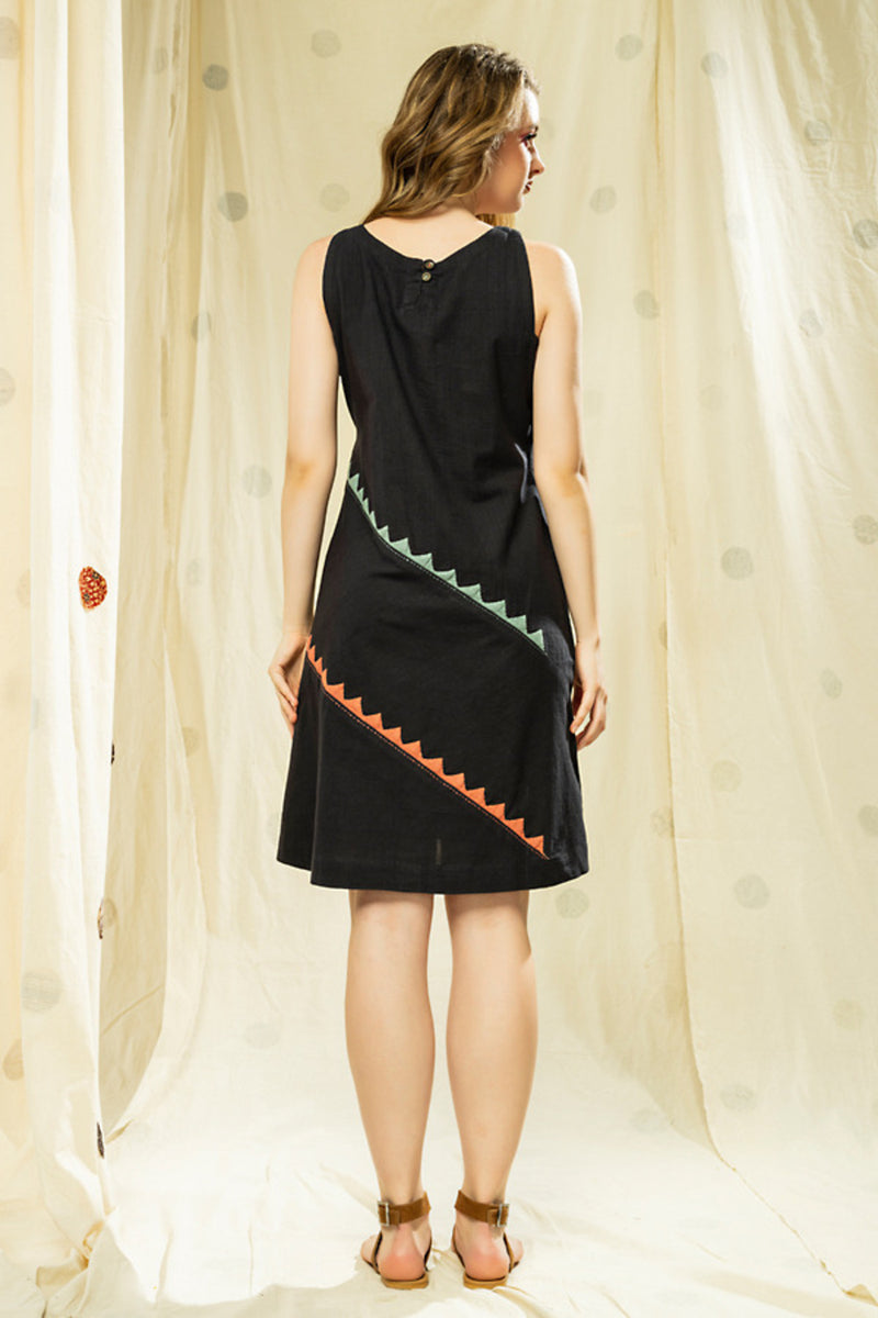 Thread Game Hand Woven - Organic Khadi Black Sleeveless Knee Length Dress