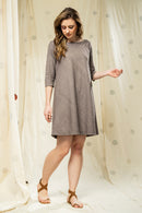 Thread Game Hand Woven Khadi Women's Grey Dress With Back Hand Applique Work