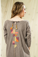 Thread Game Hand Woven Khadi Women's Grey Dress With Back Hand Applique Work
