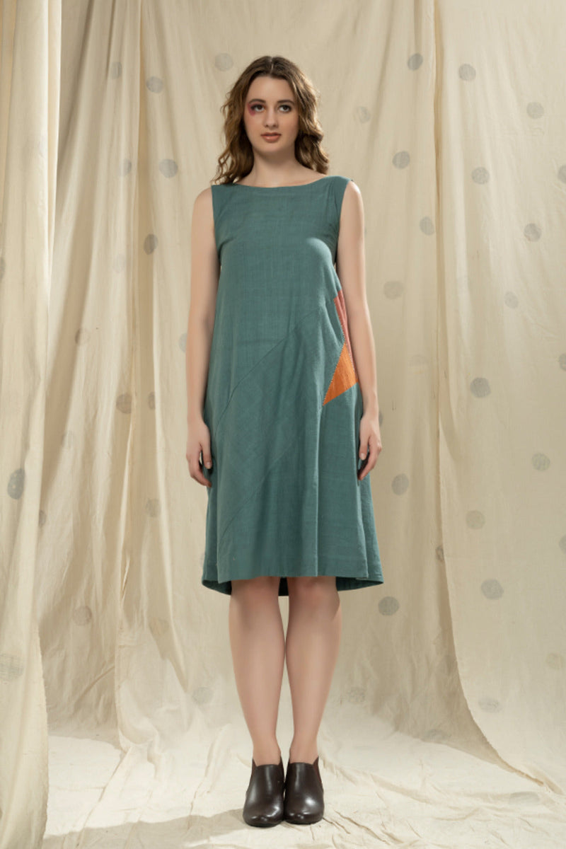 Thread Game Hand Woven - Organic Khadi Tropical Teal Sleeveless Dress