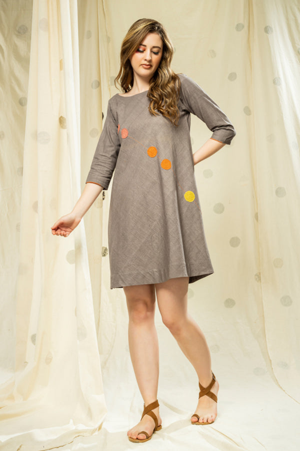 Thread Game Hand Woven Khadi Grey Knee Length Dress