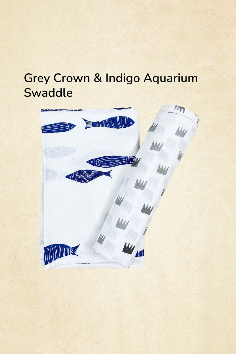 Tinylane Grey Crowns & Indigo Aquarium Combo Swaddles | Pack of 2 | 120 x 120 cm