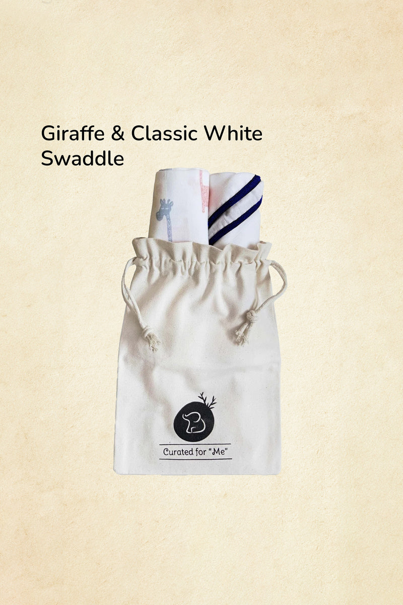 Tinylane Lanky Giraffe & Classic White Baby Swaddle Set | Pack Of 2 | 90 x 90 cm