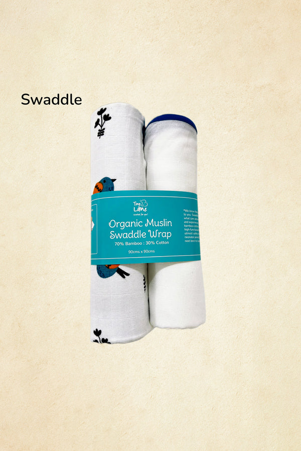 Tinylane Tweeting Bird & Classic White Baby Swaddle Set | Pack Of 2 | 90 x 90 cm