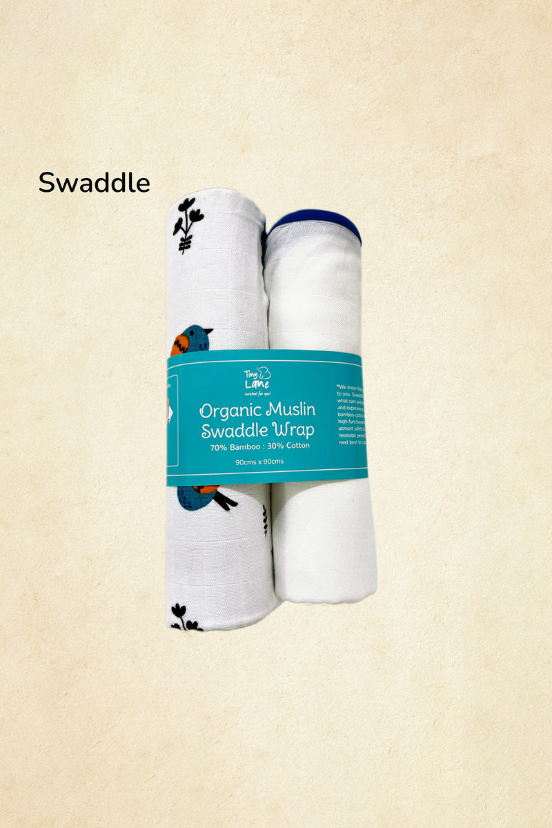 Tinylane Tweeting Bird & Classic White Baby Swaddle Set | Pack Of 2 | 90 x 90 cm