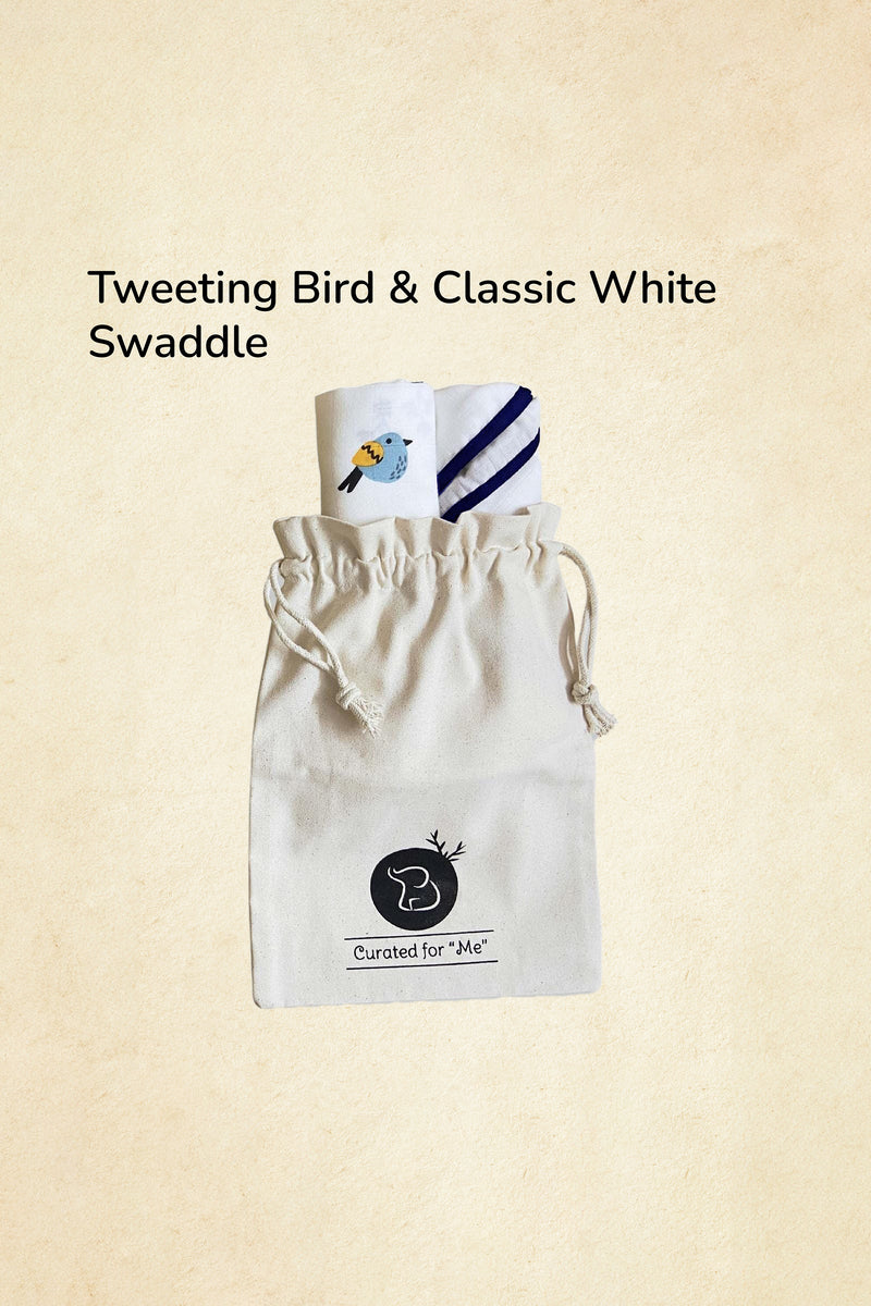 Tinylane Tweeting Bird & Classic White Baby Swaddle Set | Pack Of 2 | 90 x 90 cm