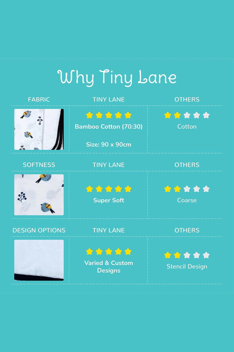 Tinylane Tweeting Bird & Classic White Baby Swaddle Set | Pack Of 2 | 90 x 90 cm