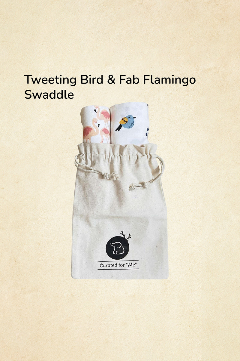 Tinylane Fab Flamingo & Tweeting Bird Bamboo Swaddle Set | Pack Of 2 | 90 x 90 cm