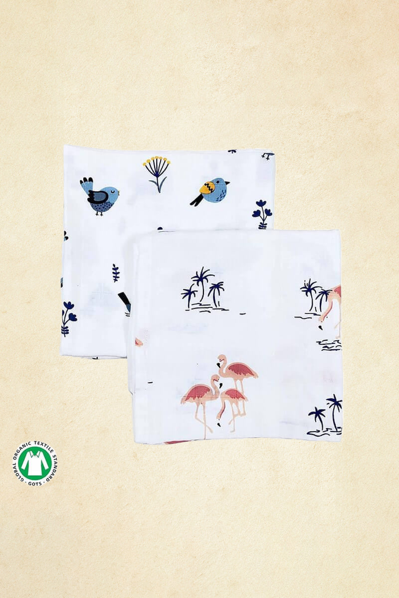 Tinylane Fab Flamingo & Tweeting Bird Bamboo Swaddle Set | Pack Of 2 | 90 x 90 cm