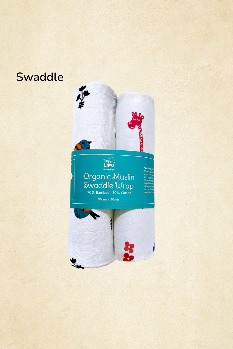 Tinylane Lanky Giraffe & Tweeting Bird Bamboo Swaddle Set | Pack Of 2 | 90 x 90 cm