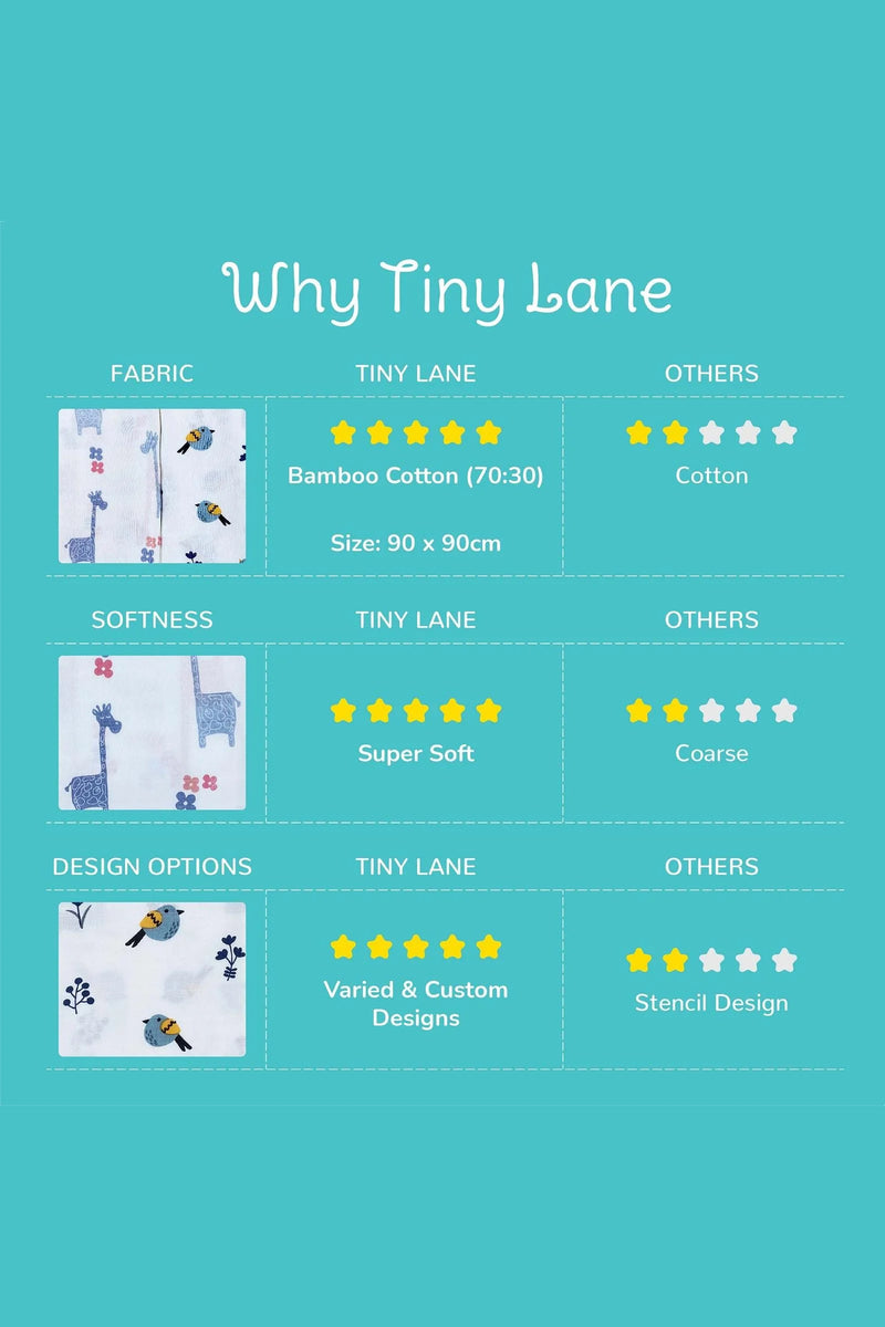 Tinylane Lanky Giraffe & Tweeting Bird Bamboo Swaddle Set | Pack Of 2 | 90 x 90 cm