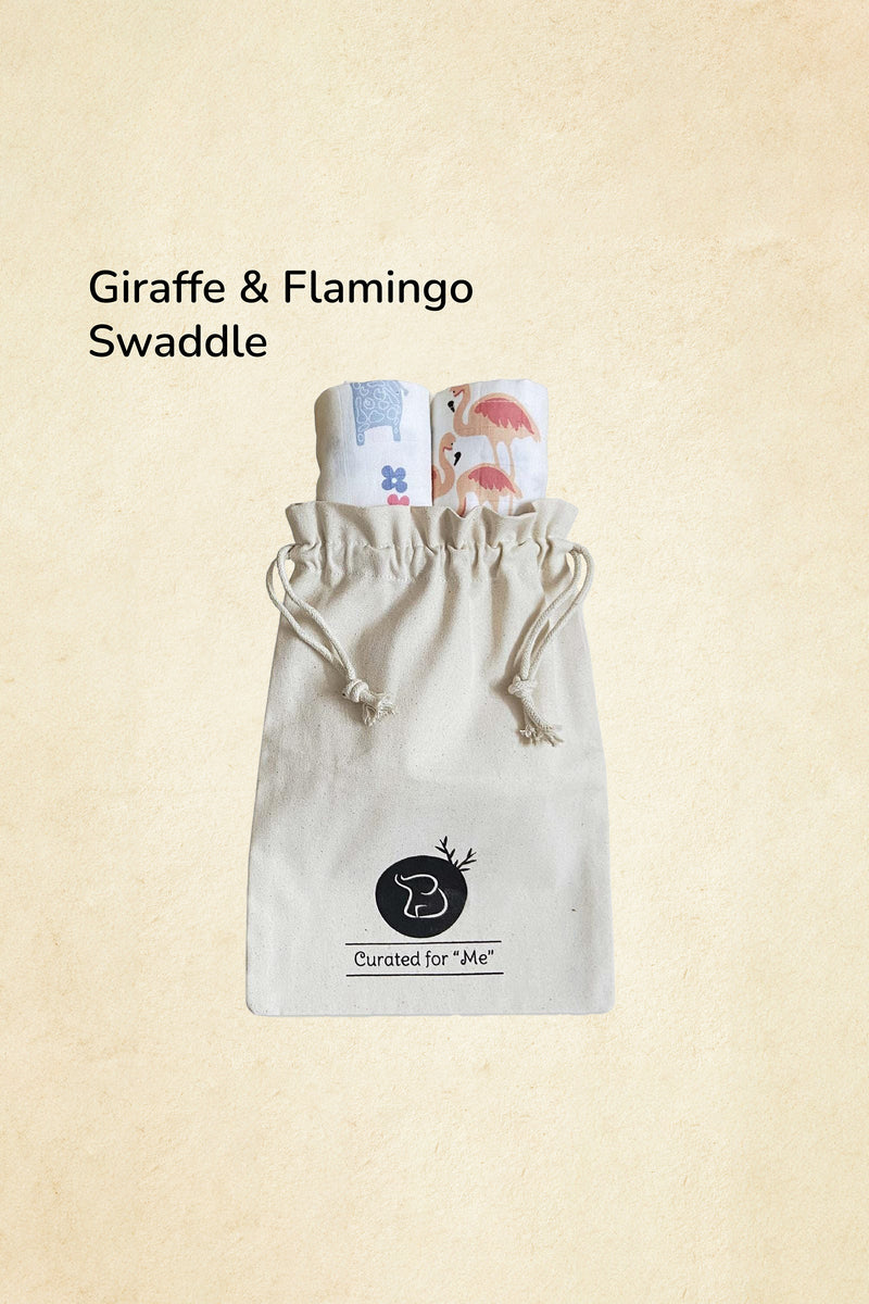 Tinylane Fab Flamingo & Lanky Giraffe Baby Swaddle Set | Pack Of 2 | 90 x 90 cm