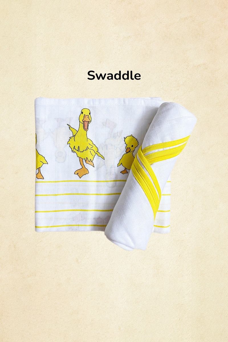 Tinylane Dancing Duck & Classic White Baby Swaddle Set | Pack Of 2 | 90 x 90 cm