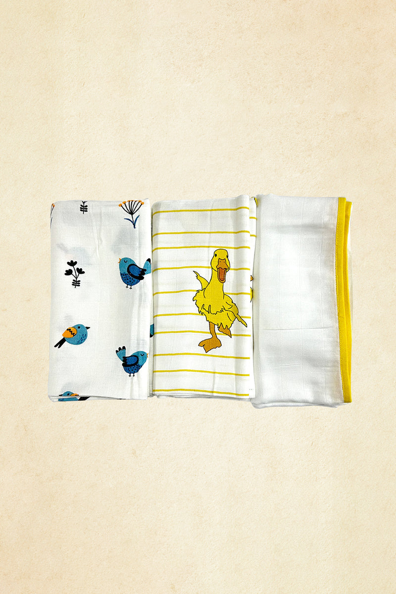 Tinylane Duck, Bird & Classic White Swaddle Set | Pack Of 3 | 90 x 90 cm