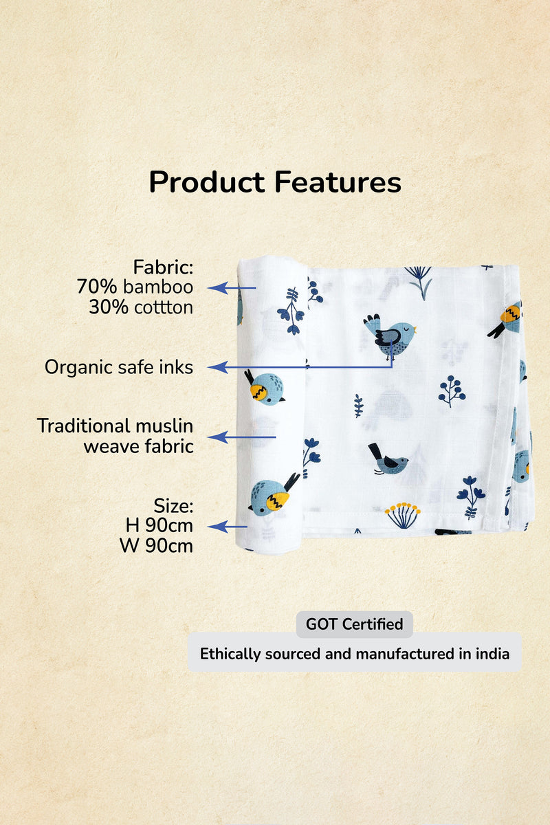 Tinylane Tweeting Bird Organic Bamboo Baby Swaddle | 90 x 90 cm