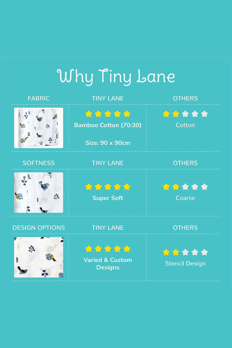 Tinylane Tweeting Bird Organic Bamboo Baby Swaddle | 90 x 90 cm