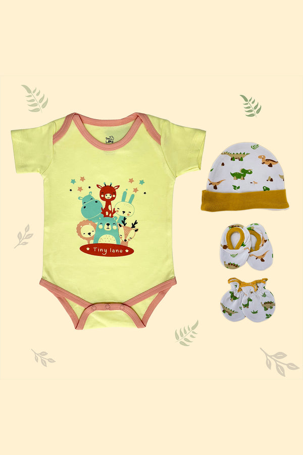 Tinylane Jolly Ride Baby Onesie, Dino Cap, Bootie & Mitten Set