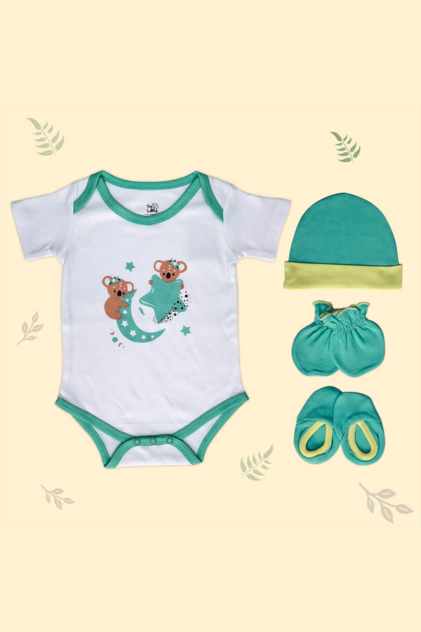 Tinylane Krescent Koala Baby Onesie, Cap, Bootie & Mitten Set