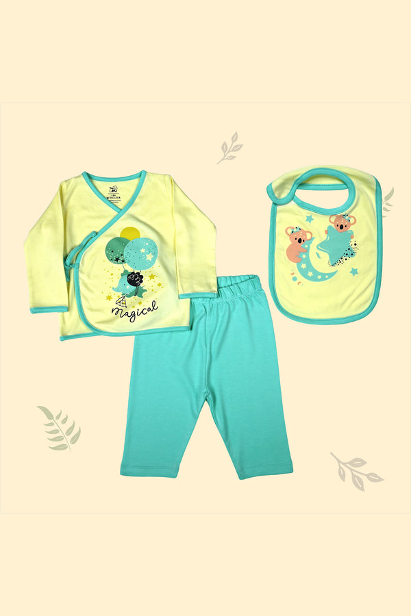 Tinylane Sunny Baby Clothing Set | Magical Flite Jhabla, Legging, & Krescent Koala Bib