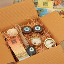 Scrapshala Nazar Jyoti Diwali Gift Hamper | Evil Eye Door Hanging Pair, Bell Hanging & Gold Soy Wax Candles | Eco-Friendly Sustainable Hamper Handcrafted in Banaras