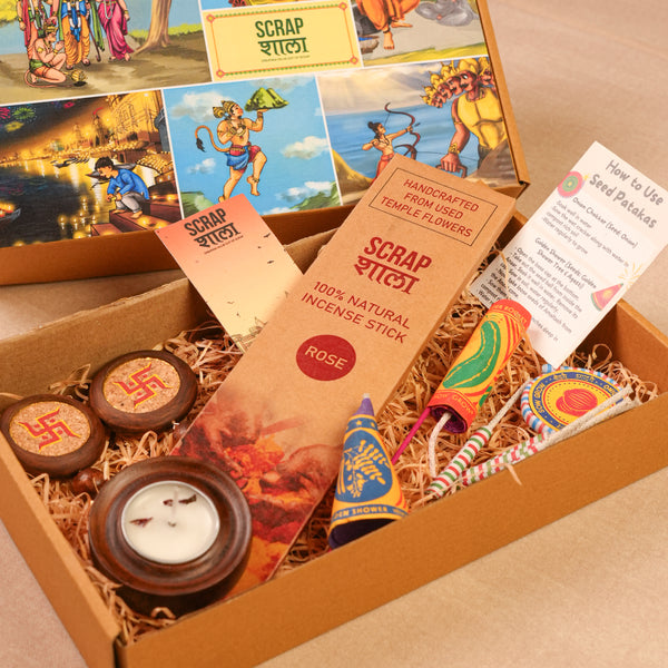 Scrapshala Prakash Diwali Gift Hamper | Eco-Friendly Sustainable Festive Hamper | Handcrafted in Banaras | Plantable Crackers, Wooden T-Light Holder, Agarbatti, Swastik Décor