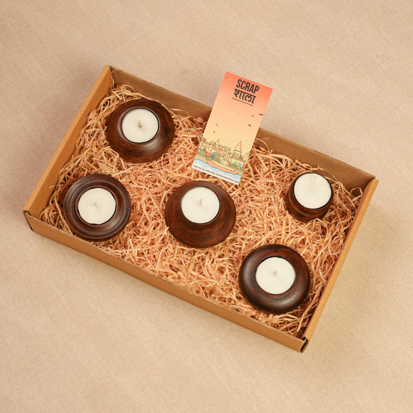 Scrapshala Panchdeep Wooden Candle | Pack of 5 | Reusable | Premium Assorted Wooden Candles | Sustainable | Handcrafted in Banaras