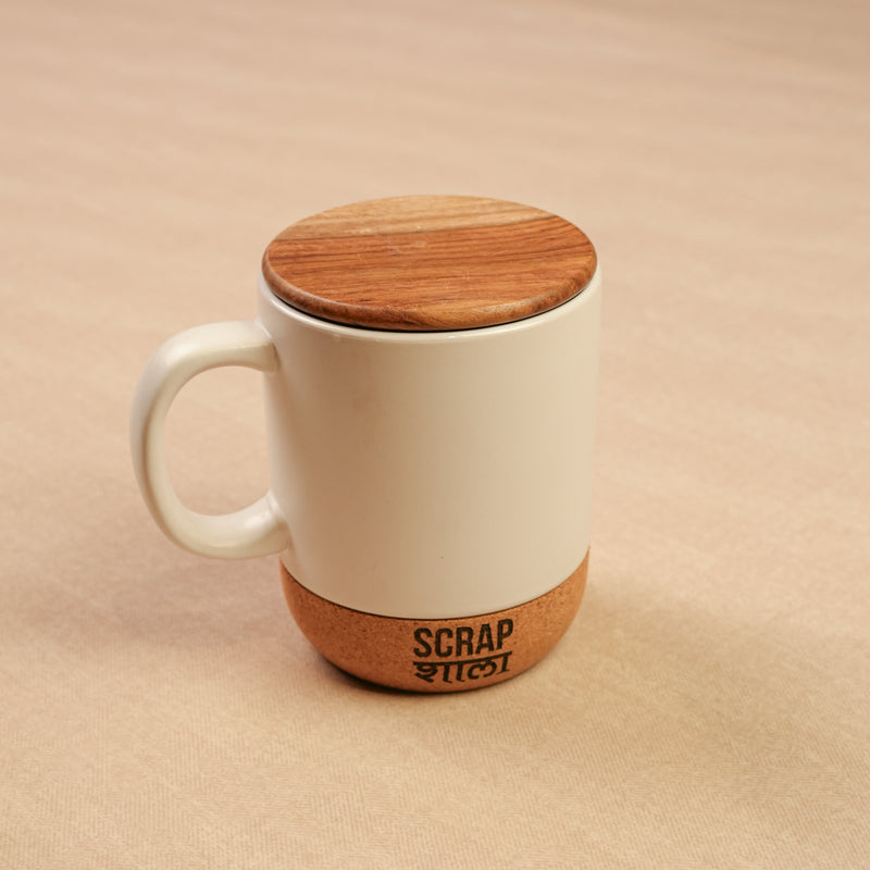 Scrapshala Sukoon Diwali Gift Hamper | Cork Ceramic Mug with Wooden Lid | Evil Eye Wooden Coasters | Sustainable & Handcrafted in Banaras
