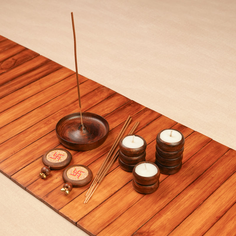 Scrapshala Sajavat Diwali Gift Hamper | Wooden Foldable Runner, Stackable Spiral Tea Light Holders, Swastik Door Hanging & Agarbatti Stand | Sustainable & Handcrafted in Banaras
