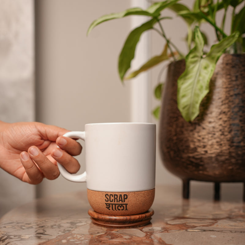 Scrapshala Sukoon Diwali Gift Hamper | Cork Ceramic Mug with Wooden Lid | Evil Eye Wooden Coasters | Sustainable & Handcrafted in Banaras