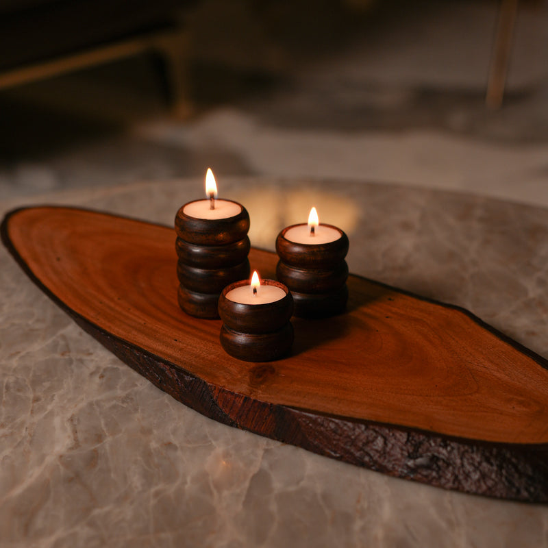 Scrapshala Spiral Glow Wooden Candle Stand Trio | Sustainable Festive Gift | Stackable & Reusable Tea-Light Holders | Handcrafted in Banaras