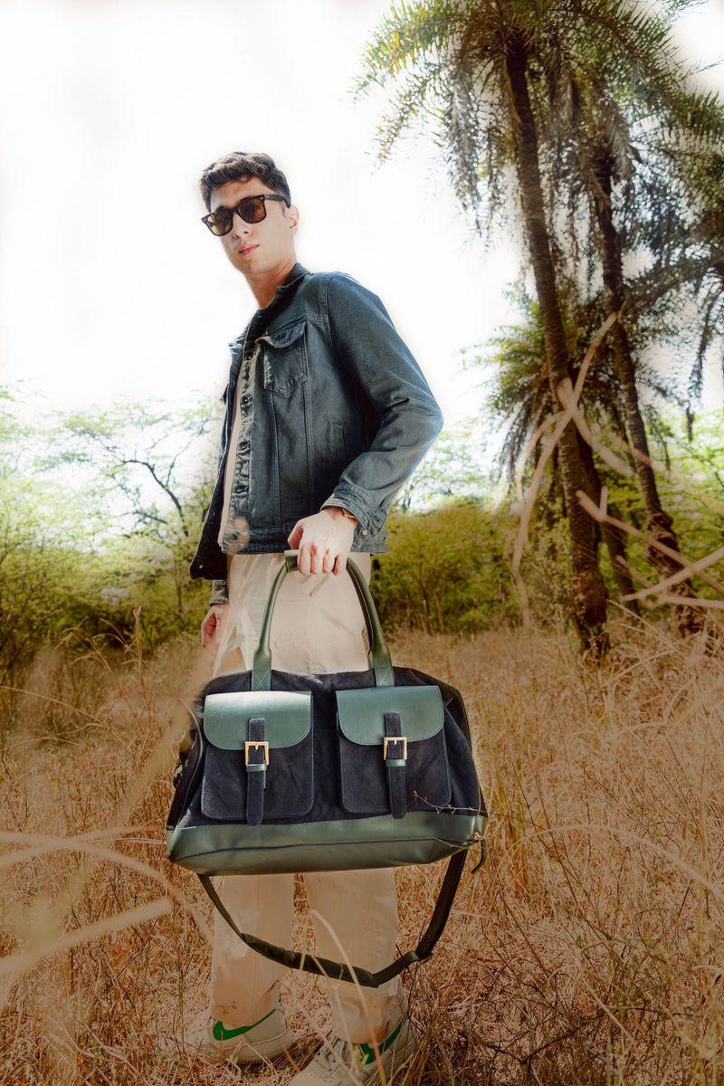 Ajax Vegan Leather Duffle Bag - Black & Green