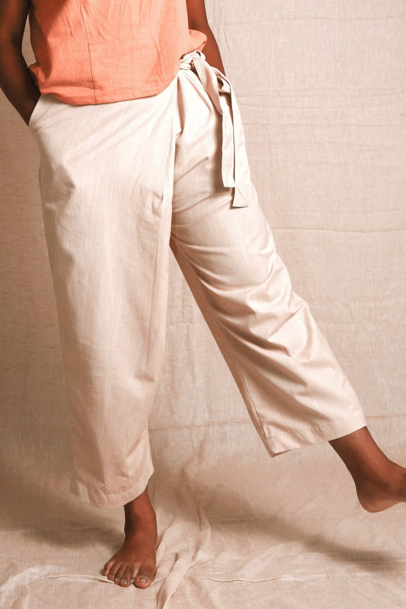 Asian In Me | Khadi-cotton Women's beige Wrap-style Pants I Walk-fling Pants