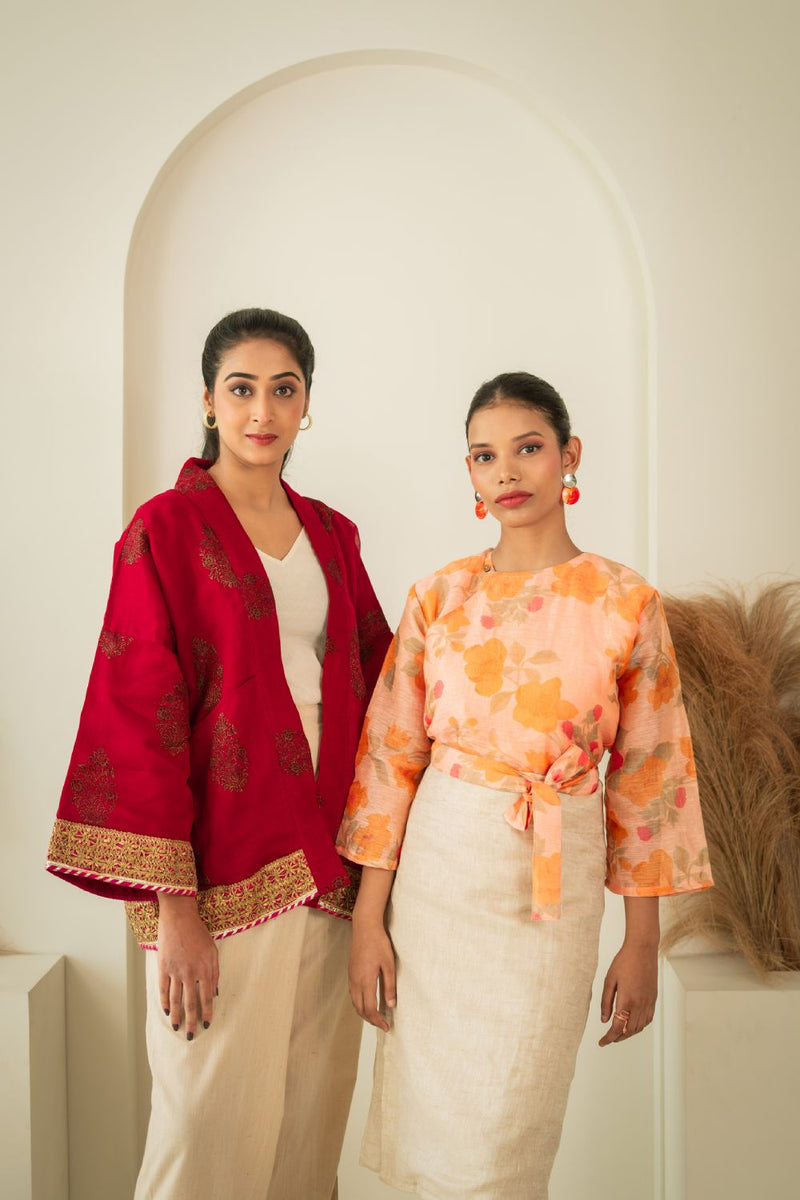 Asian In Me | Crafted from pre-loved saree | Women's Red Kimono Jacket| Yoru-kimono