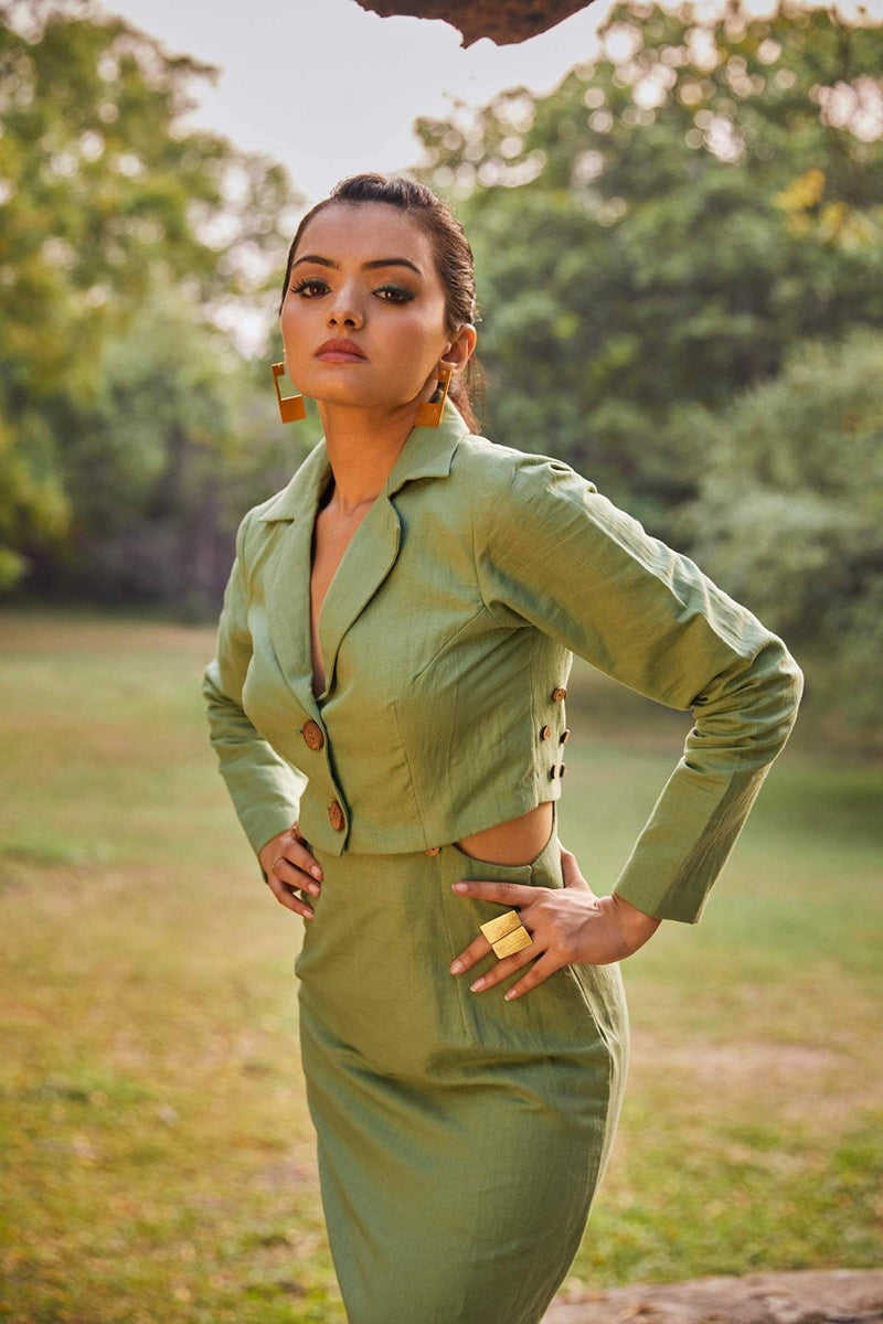 The Conscious Closet Spanish Green Spanish Cut-Out Blazer Dress - Buy on Upcycleluxe The Conscious Closet Spanish Green Spanish Cut-Out Blazer Dress - Buy on Upcycleluxe