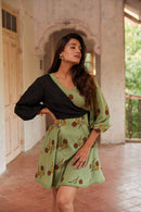 The Conscious Closet Green and Black Diagonal Lotus Pods Dress Set